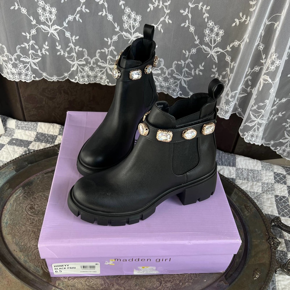 Leather Black Chunky Booties Lug Soles Rhinestones